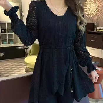 Элегантная кружевная блузка для женщин, идеальная для осени, с утягивающей талией и стильной рубашкой с V-образным вырезом XL хаки