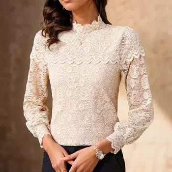 Элегантная кружевная блузка с половиной высокого ворота и длинным рукавом, модная женская кружевная рубашка, топы, тонкая рубашка, женская бархатная блузка 29928 M хаки