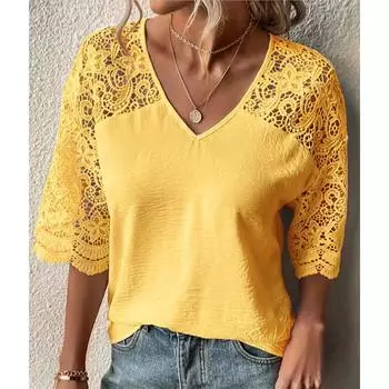 Элегантная кружевная летняя блузка больших размеров с V-образным вырезом, свободные повседневные женские рубашки с короткими рукавами для женщин, модные однотонные винтажные топы, женские рубашки 24555 S белый