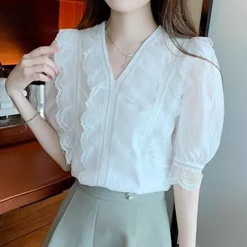 Элегантная кружевная лоскутная белая рубашка с V-образным вырезом для женщин, летняя новая винтажная свободная блузка с коротким рукавом, женская мода, простые повседневные рубашки, женские топы 24457 S белый