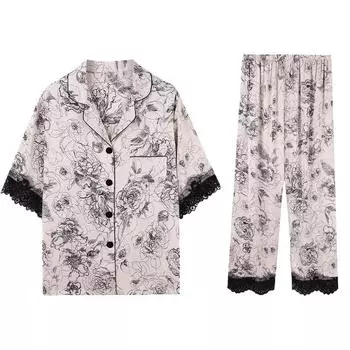 Элегантная кружевная пижама с принтом пиона в китайском стиле, классическая художественная эстетика, ночная рубашка, новая летняя женская пижама M чёрный