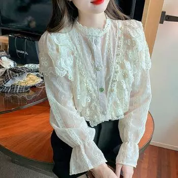 Элегантная кружевная рубашка с бисером, женская французская милая винтажная блузка с длинными рукавами, женская кружевная шифоновая блузка с рюшами, топ Blusas Mujer 23025 S белый