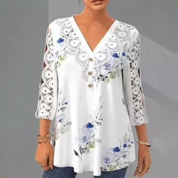 Элегантная кружевная рубашка с крючком и цветочным принтом, повседневная белая рубашка с v-образным вырезом и рукавами три четверти, модные свободные топы на пуговицах 5XL 5XL белый