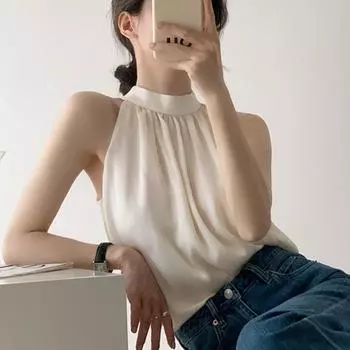 Элегантная летняя блузка без рукавов, сексуальные топы на бретелях, французская корейская одежда, однотонный топ с подвесным воротником, повседневная рубашка для женщин 26866 M бежевый