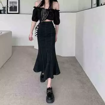 Элегантная летняя черная тонкая эластичная юбка-бюстье с открытой вилкой и оборками, женская универсальная удобная модная джинсовая юбка-бюстье S синий