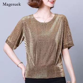 Элегантная летняя футболка с блестящими пайетками 2021, женская футболка с круглым вырезом, яркая шелковая клетчатая блузка с короткими рукавами, женская Blusas 15770 4XL чёрный