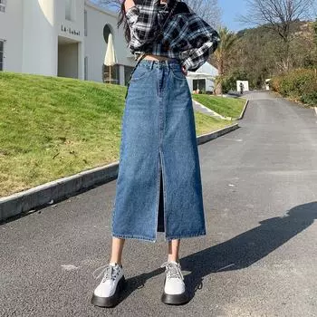Элегантная летняя повседневная юбка-бюстье из денима с высокой талией, прямая, в стиле ретро, с юбкой-трапецией, средней длины, универсальная, удобная, модная S джинсовый
