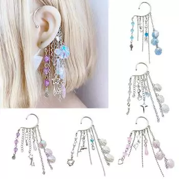 Элегантная манжета на одно ухо в стиле океана. Изысканная металлическая вешалка для ушей с бахромой из бисера и ракушкой для повседневного ношения, свиданий и вечеринок. прозрачный