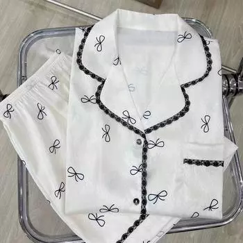 Элегантная милая черная кружевная пижама с бантом для женщин, повседневная летняя классная женская пижама, женская домашняя одежда XXL