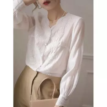 Элегантная милая женская блузка с V-образным вырезом и длинным рукавом, вышитая цветочная кружевная женская рубашка, модная повседневная простая осенняя свободная солнцезащитная рубашка 2967 S белый