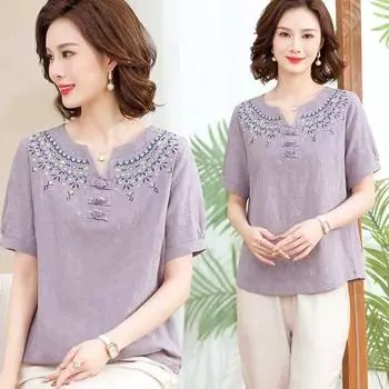 Элегантная мода Harajuku Slim Fit Женская одежда Свободные повседневные универсальные топы Женские однотонные пуговицы Хлопок Льняные футболки с коротким рукавом XXXXL синий