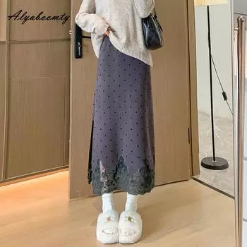 Элегантная мода осень-зима женская юбка-трапеция с разрезом и высокой талией вязаная теплая юбка вышитое кружево пэчворк женственная вязаная юбка One Size