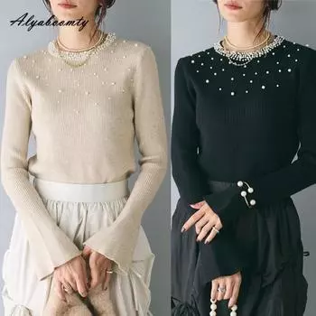 Элегантная мода осень зима женский базовый однотонный вязаный свитер с круглым вырезом белый черный пуловер с бисером расклешенный рукав женственный топ One Size