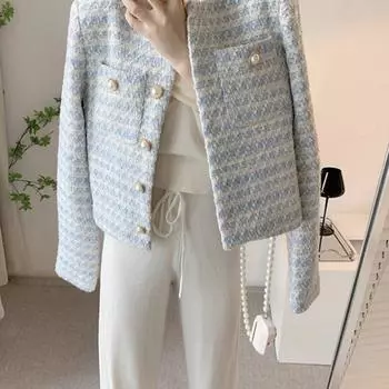 Элегантная мода осень-зима женский твидовый кардиган короткое пальто с карманом 2024 однобортный пиджак для женщин свободная верхняя одежда одежда 2350 S светло-синий