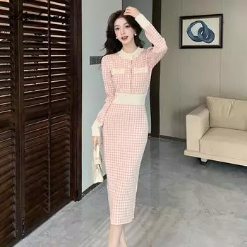 Элегантная мода осень-зима женское платье-свитер миди с круглым вырезом розовое черное клетчатое трикотажное платье офисная леди трикотажное платье А-силуэта One Size чёрный