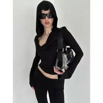 Элегантная модная готическая однотонная укороченная футболка с капюшоном, темные тонкие футболки с разрезом на шее и длинными рукавами, женские футболки 2023, летняя уличная одежда S чёрный