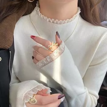 Элегантная модная кружевная трикотажная нижняя рубашка для женщин, осенне-зимняя полуводолазка, свитера, облегающая одежда с длинным рукавом 2524 One Size белый