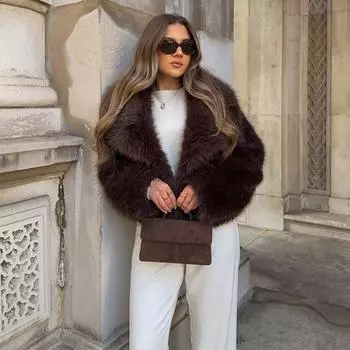 Элегантная модная однотонная пушистая искусственная меховая шуба женская роскошная однотонная куртка с длинным рукавом с лацканами зимняя теплая толстая повседневная верхняя одежда XS красный