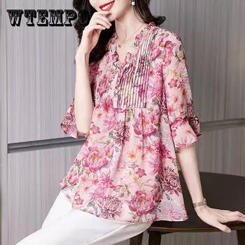 Элегантная модная повседневная винтажная рубашка на пуговицах с цветочным принтом, новые летние и осенние свободные топы с v-образным вырезом и половиной рукавов, женская одежда L