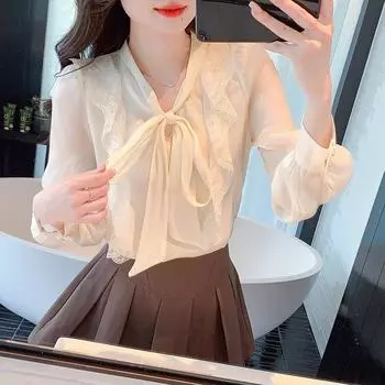 Элегантная модная рубашка с кружевным дизайном и галстуком-бабочкой, женские топы, новые тонкие кружевные повседневные блузки с рюшами, женские простые офисные рубашки с длинным рукавом 24452 S абрикосовый