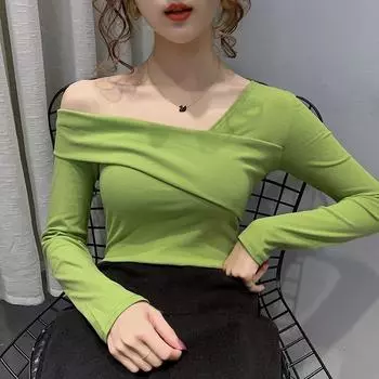 Элегантная модная сексуальная футболка с косыми плечами, женская, с длинным рукавом, топ с открытыми плечами, женская облегающая рубашка, однотонная повседневная одежда 2204 S белый