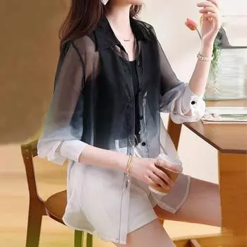 Элегантная модная солнцезащитная рубашка градуированного цвета, повседневная свободная блузка для женщин, корейский тонкий повседневный кардиган, женская одежда 27055 S