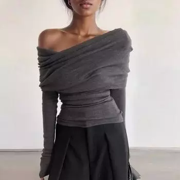 Элегантная модная женская блузка с открытыми плечами, новая женская плиссированная трикотажная рубашка с воротником-стойкой, женская офисная облегающая повседневная майка, серые топы, одежда 1531 One Size серый