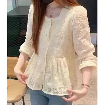 Элегантная модная женская кружевная рубашка, новая квадратная блузка с вышивкой и длинным рукавом, женская блузка больших размеров, весна-осень, вязаная крючком, повседневные топы S