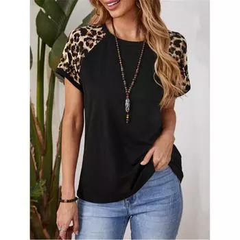 Элегантная модная женская летняя футболка с леопардовым принтом в стиле пэчворк с круглым вырезом и коротким рукавом, повседневные свободные женские пуловеры больших размеров, топы S