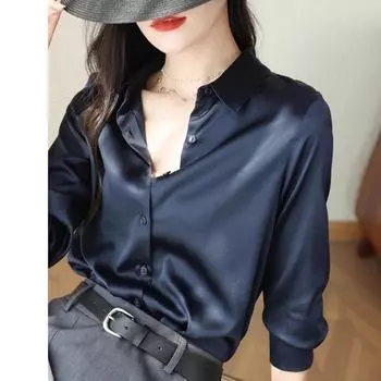 Элегантная модная женская офисная атласная рубашка, повседневная, больших размеров, свободная, с длинным рукавом, однотонная, женская, на пуговицах, женские топы, винтажные, простые, женские рубашки 2386 S чернил синий