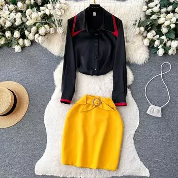 Элегантная модная женская офисная одежда высокого качества с бисером для женщин, осенняя рубашка с лацканами + мини-юбка-карандаш с высокой талией, комплект из 2 предметов M чёрный