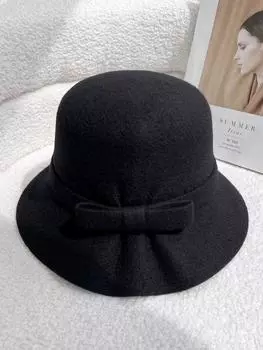 Элегантная мягкая шерстяная шляпа-тазик, женская осенне-зимняя теплая большая шляпа-ведро, британский ретро-цилиндр, плиссированная шерстяная шляпа M56-58cm чёрный