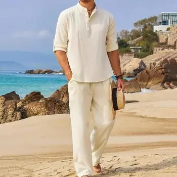 Элегантная мужская рубашка из смеси хлопка и льна в стиле ретро, повседневная рубашка из двух предметов с v-образным вырезом и длинными рукавами, брюки на завязках, осенний комплект XXXXXL белый