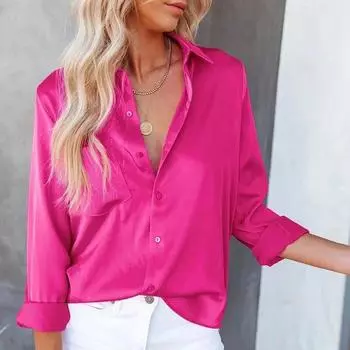 Элегантная однотонная атласная рубашка на пуговицах, женские блузки с длинным рукавом и отложным воротником, женские элегантные повседневные офисные женские шелковые топы 30481 S зелёный