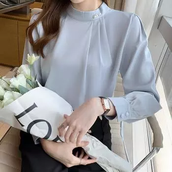 Элегантная однотонная офисная женская атласная повседневная рубашка, женские топы с длинным рукавом, воротник-стойка, отделка бисером, белые блузки для женщин в корейском стиле, тонкая простая блузка 26070 S красный