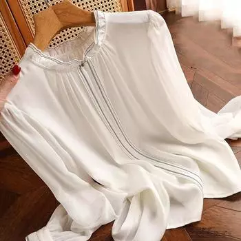 Элегантная однотонная офисная женская рубашка, женская одежда, повседневная белая шелковая атласная блузка, модная плиссированная блузка с длинным рукавом и круглым вырезом 29955 S бежевый