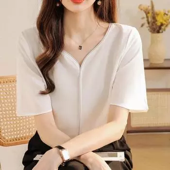 Элегантная однотонная женская блузка, летние рубашки с коротким рукавом, женские модные шифоновые топы с v-образным вырезом, женская свободная одежда 27211 S бежевый