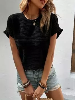 Элегантная однотонная женская футболка свободного кроя с круглым вырезом и коротким рукавом - стиль отдыха и отдыха Extra Extra Large чёрный