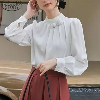 Элегантная офисная женская атласная блузка с цветочным декором, шифоновая рубашка, женские топы, осенняя одежда с воротником-стойкой и длинными рукавами 23174 S зелёный