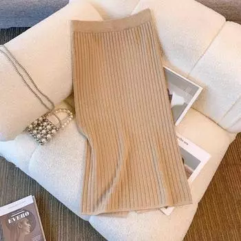 Элегантная офисная женская однотонная прямая юбка, повседневная трикотажная юбка в полоску, осень/зима, юбка средней длины с высокой талией и запахом на бедрах 29474 S хаки