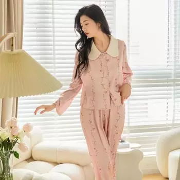 Элегантная пижама 2 шт костюм с принтом шелковая пижама атласная женская с длинным рукавом эластичный пояс брюки пижамный комплект ночная одежда домашняя одежда M