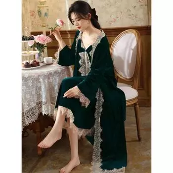 Элегантная пижама кружево V-образный вырез бархат ночная рубашка халаты для женщин две части осень зима ночная рубашка винтаж принцесса ночные рубашки M зелёный