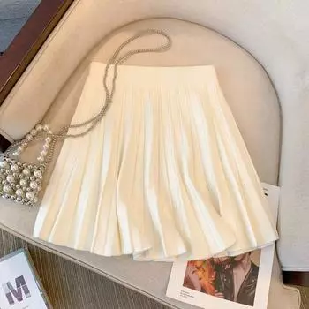 «Элегантная плиссированная трикотажная юбка с высокой талией для женщин — утягивающий А-силуэт на весну» One Size