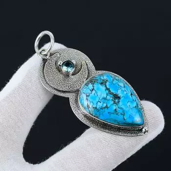 Элегантная подвеска с бирюзой, голубым топазом, подвеска из стерлингового серебра 925 пробы, эффектное ожерелье ручной работы, украшения в стиле бохо, уникальная подвеска для подарков 2.55
