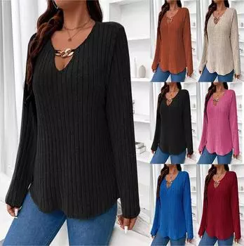 Элегантная полосатая футболка с V-образным вырезом для женщин - коллекция осень/зима 2024 2XL