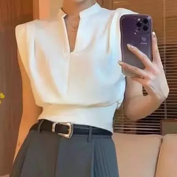 Элегантная повседневная футболка без рукавов для женщин, винтажная майка, женские летние свободные футболки с v-образным вырезом, белая однотонная футболка Y2k 27550 One Size чёрный