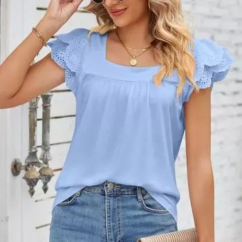 Элегантная повседневная футболка с короткими рукавами и лепестками, женская блузка с квадратным воротником, лето 2023, полый однотонный стильный простой топ для женщин 27773 S орион