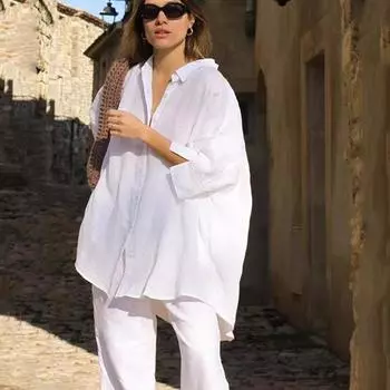 Элегантная повседневная свободная белая рубашка, модная, большого размера, с коротким рукавом, женская, осенняя, новая, однобортная, женская, блузка, простые, однотонные, офисные, женские топы 24678 M белый