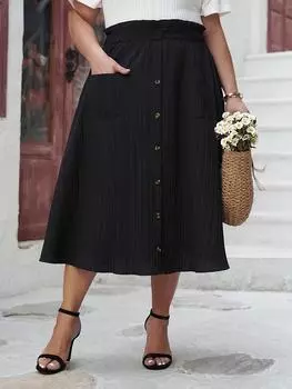 Элегантная повседневная свободная юбка с высокой талией, женская мода, большие размеры, натуральные юбки с оборками, женская дизайнерская винтажная однотонная одежда А-силуэта, новинка 2024 года XL чёрный