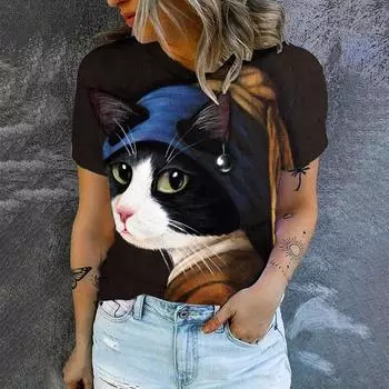 Элегантная повседневная свободная женская футболка, летняя мода, новый топ с круглым вырезом и коротким рукавом, с принтом кошки, простая высококачественная футболка XXS